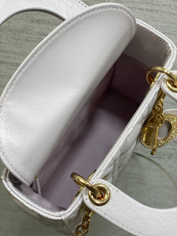 DIOR 25S MINI LADY DIOR BAG 17 IN LILAC CALFSKIN CHARM CRYSTAL EMBELLISHMENTS