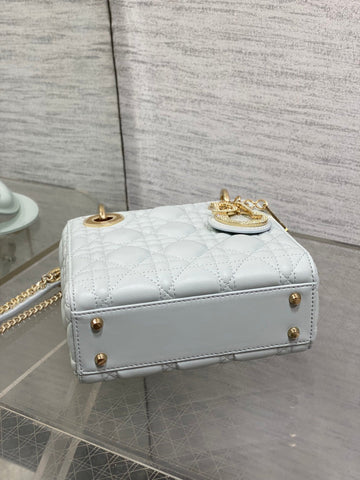 DIOR 25S MINI LADY DIOR BAG 17 IN LIGHT BLUE CALFSKIN CHARM CRYSTAL EMBELLISHMENTS