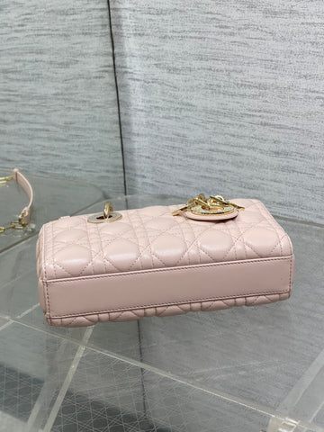 DIOR 25S SMALL LADY D‑JOY BAG 22 IN BABY PINK CALFSKIN GOLD HARDWRE
