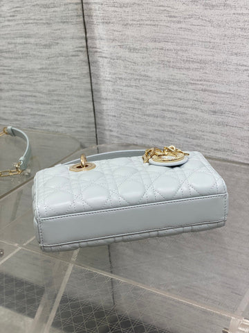 DIOR 25S SMALL LADY D‑JOY BAG 22 IN SHIRT BLUE CALFSKIN GOLD HARDWARE