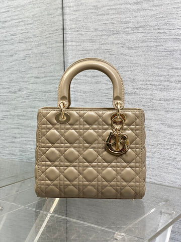DIOR 25S MEDIUM LADY BAG 24 IN POWDER BEIGE CALFSKIN GOLD HARDWARE