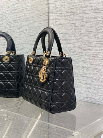 DIOR 25S MEDIUM LADY BAG 24 IN BLACK CALFSKIN GOLD HARDWARE