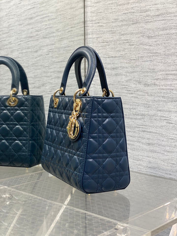 DIOR 25S MEDIUM LADY BAG 24 IN DEEP OCEAN BLUE CALFSKIN GOLD HARDWRE