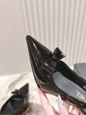 CC HIGH SLINGBACK IN BLACK LAMBSKIN WITH BOW ATTACHED