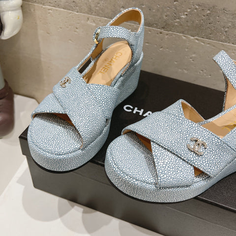 Wedge Open-Toe High Heel Sandals Saphire Blue Sheepskin