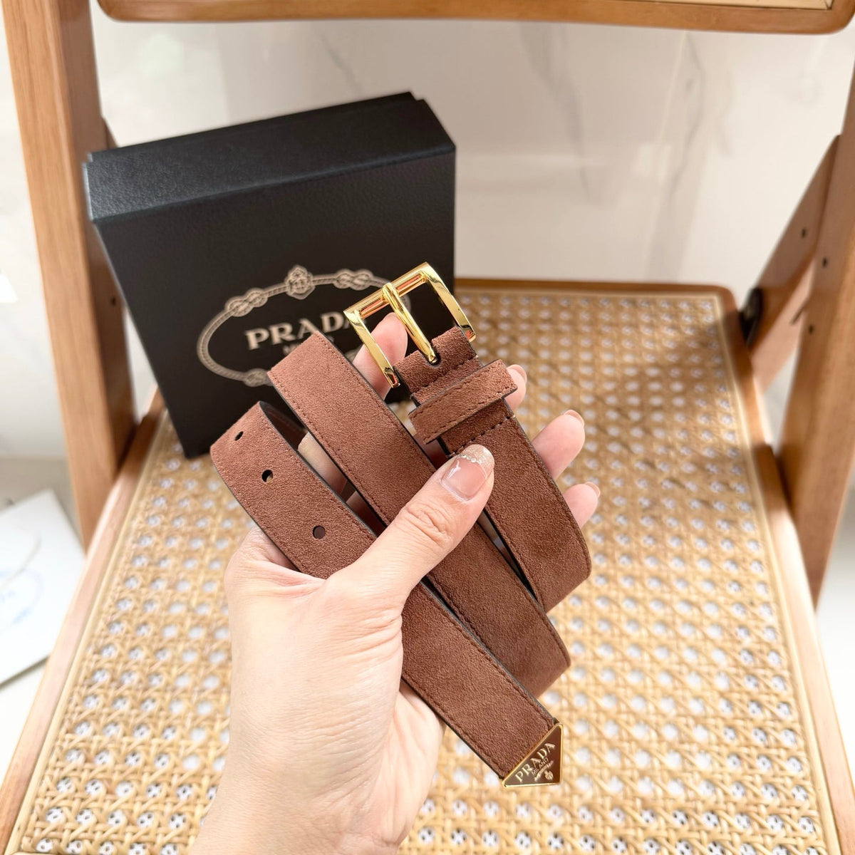 PRADA 25S BELT 25 MM IN BROWN SUEDE 542643