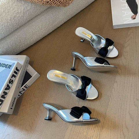 Silver High - Heels With Black Bow Calfskin