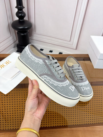 DIOR 26S LOW TOP SNEAKERS IN GREY CANVAS WITH WHITE LACE TRIM & LOGO PRINT