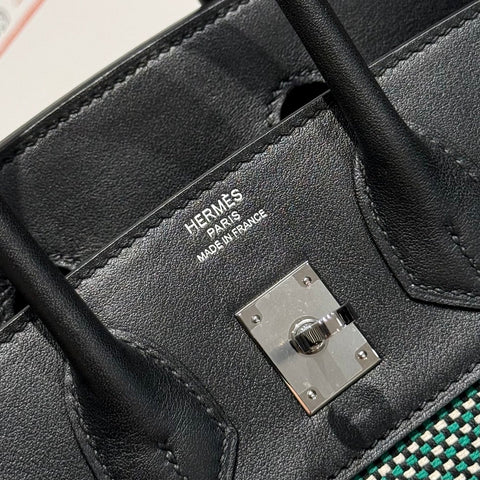 QUADRILLE BIRKIN 25CM IN BLACK SWIFT CALFSKIN BLACK/MINT/BLANC TOILE CANVAS