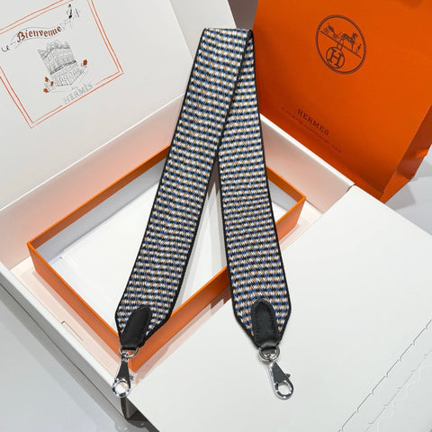 25S HERMES BAG STRAP BLUE PATTERN BORDERED BLACK 85 IN CANVAS SILVER HARDWARE