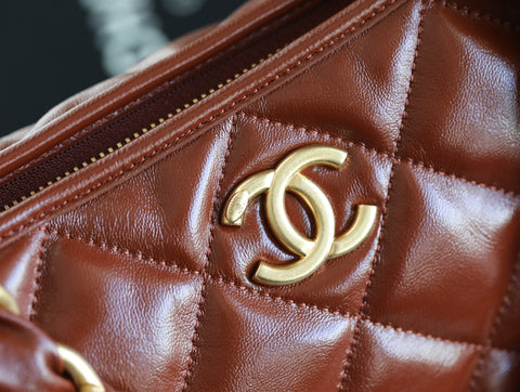 CHANEL 25S HOBO BAG 32 CM IN BROWN LAMBSKIN WITH GOLD HARDWARE