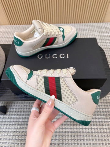 GUCCI 26S MESH SNEAKERS IN LIGHT BEIGE AND GREEN LEATHER