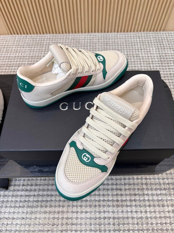 GUCCI 26S MESH SNEAKERS IN LIGHT BEIGE AND GREEN LEATHER
