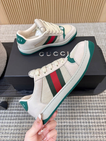 GUCCI 26S MESH SNEAKERS IN LIGHT BEIGE AND GREEN LEATHER
