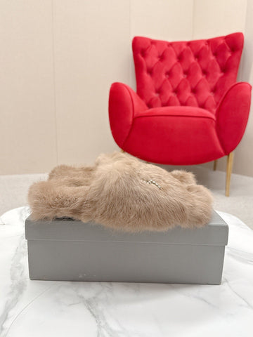 BALENCIAGA 25S SOFT FUR SLIPPERS IN LIGHT BROWN FUR WITH RHINESTONE BOW
