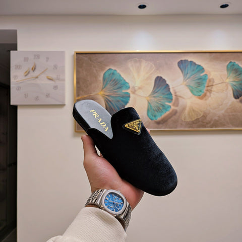 PRADA 26S SQUARE TOE SLIPPERS IN BLACK VELVET