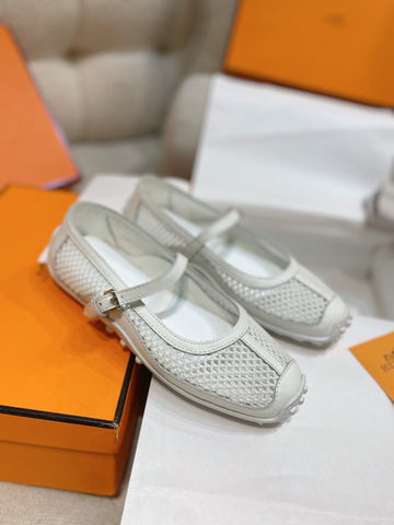 HM 26S KICHU BALLET FLAT IN WHITE CROCHET KNIT AND CALFSKIN