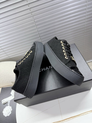 CHANEL 25S TRAINERS BLACK 35MM IN GLITTERED TWEED AND PATENT CALFSKIN