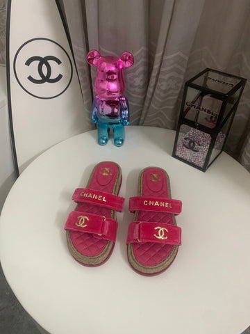CHANEL 26S SLIDE SANDALS IN PINK VELVET AND CALFSKIN WITH ROPE SOLE GOLD HARDWARE