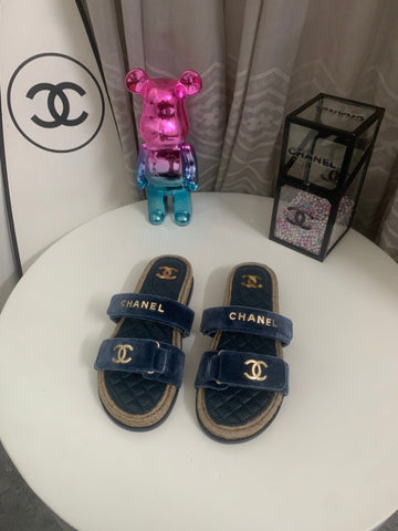 CHANEL 26S SLIDE SANDALS IN BLUE VELVET AND CALFSKIN WITH ROPE SOLE GOLD HARDWARE