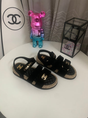 CHANEL 26S STRAPPY SANDALS IN BLACK VELVET WITH ROPE SOLE GOLD HARDWARE