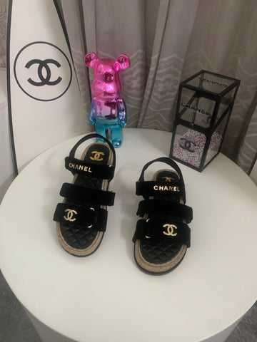 CHANEL 26S STRAPPY SANDALS IN BLACK VELVET WITH ROPE SOLE GOLD HARDWARE