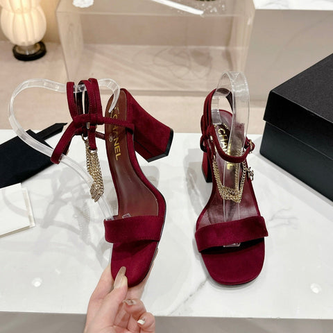 Double C Leather High Heel Sandals Red Cherry