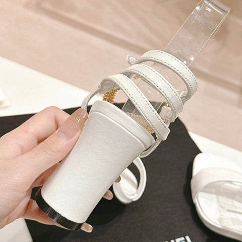 Double C Leather High Heel Sandals White