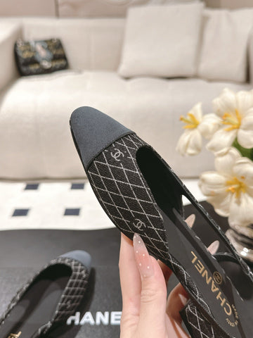 CC SLINGBACK 25S 25 MM IN BLACK DENIM WITH PLAID PATTERN