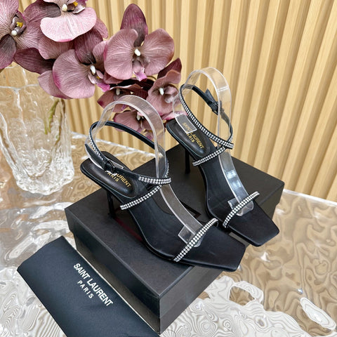 NUIT SANDALS 85 IN BLACK CREPE SATIN AND WHITE RHINESTONES