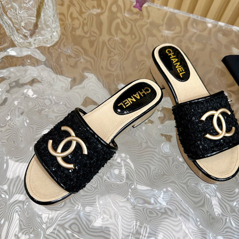 PLATFORM SLIPPERS IN BLACK TWEED AND LAMBSKIN