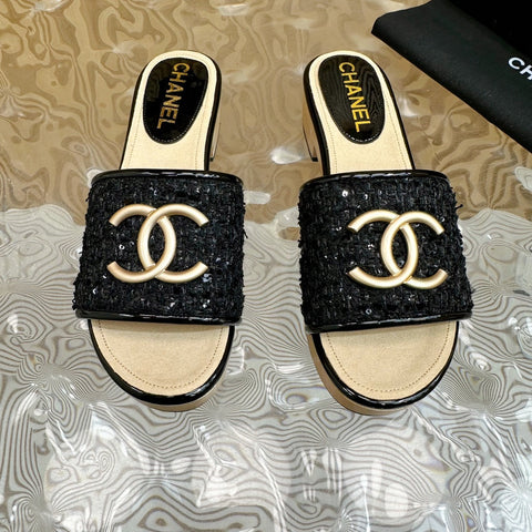 PLATFORM SLIPPERS IN BLACK TWEED AND LAMBSKIN