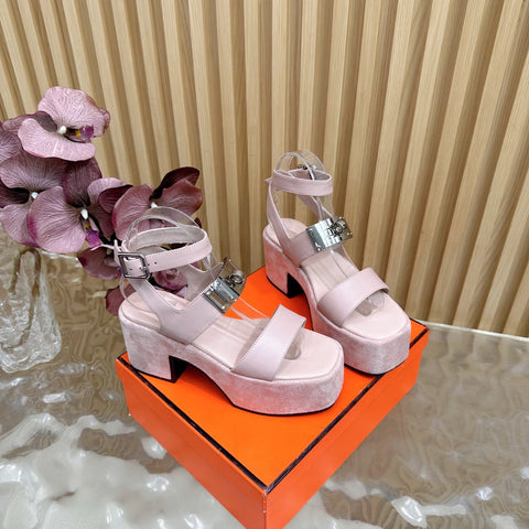 HM 25S CLASSIC WEDGE SANDALS 70 MM IN LIGHT PINK LAMBSKIN WITH SILVER HARDWARE