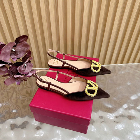 VALENTINO 25S FLAT SLINGBACKS IN DARK BROWN VELVET WITH GOLD HARDWARE