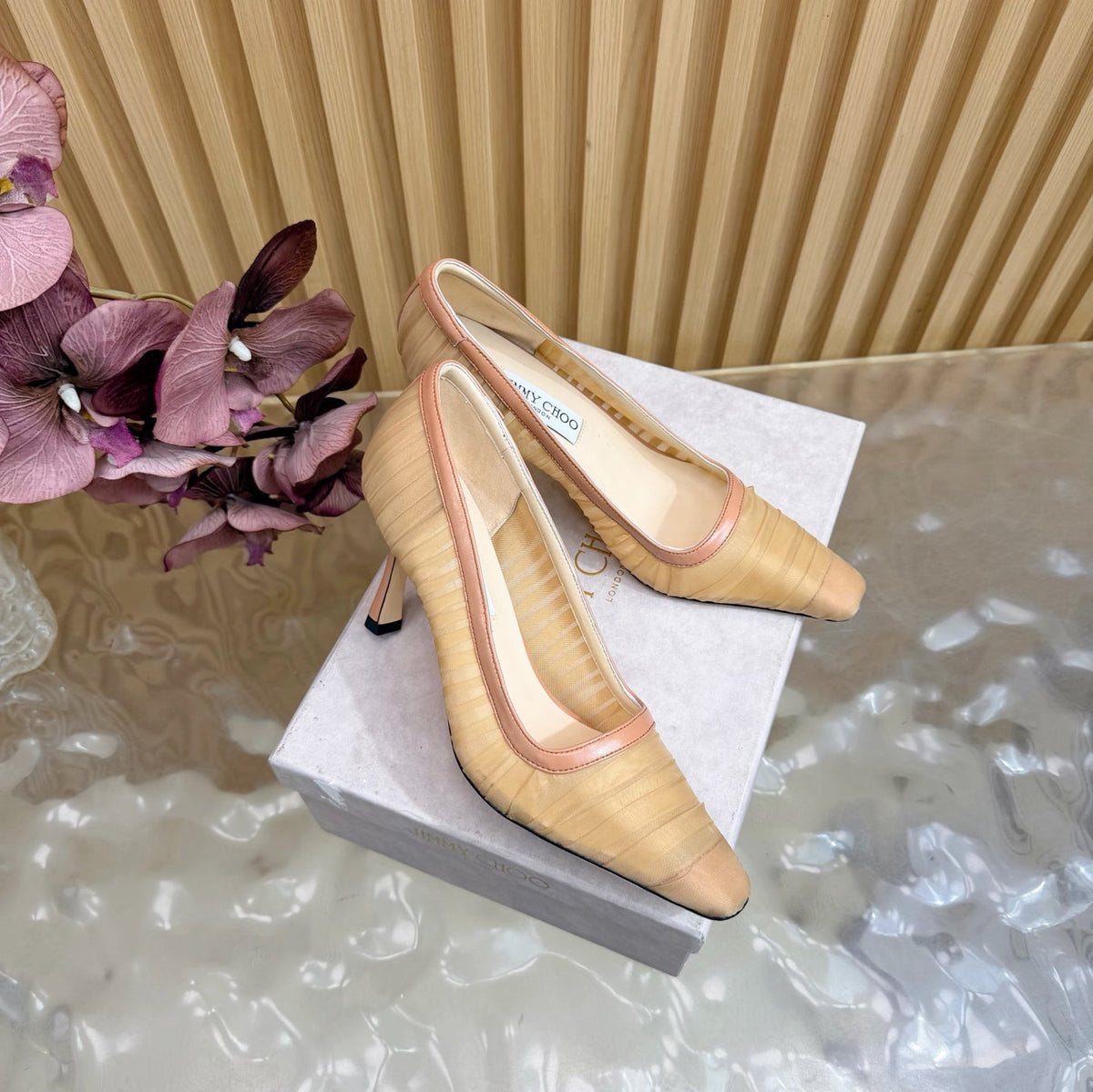 JIMMY CHOO 26S HIGH HEELS 85 MM IN BEIGE NUDE MESH