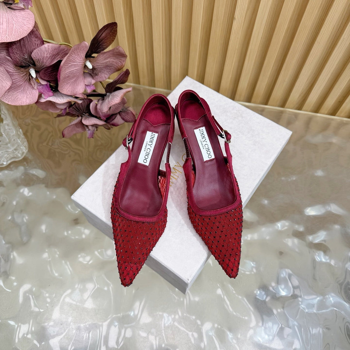 JIMMY CHOO 26S SLINGBACK HEELS 60 MM IN DARK RED MESH & CRYSTALS