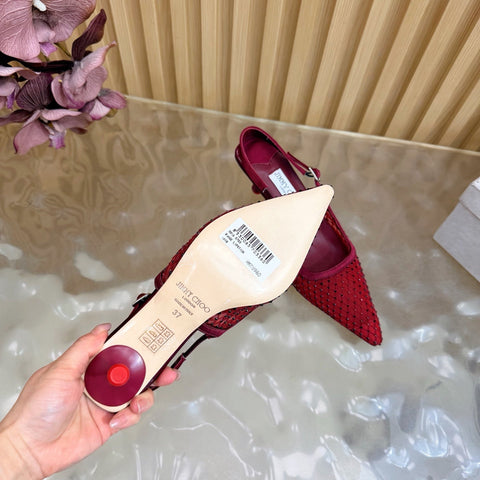 JIMMY CHOO 26S SLINGBACK HEELS 60 MM IN DARK RED MESH & CRYSTALS