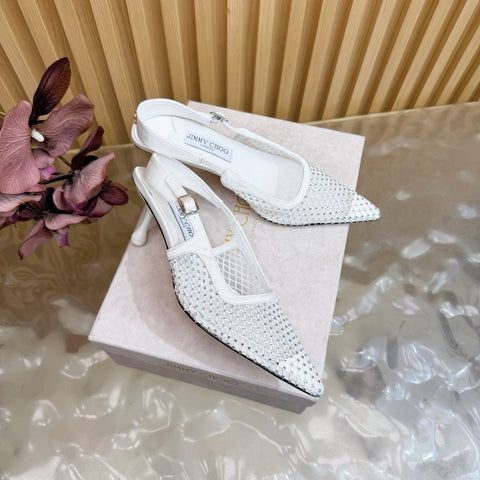 JIMMY CHOO 26S SLINGBACK HEELS 60 MM IN WHITE MESH & CRYSTALS
