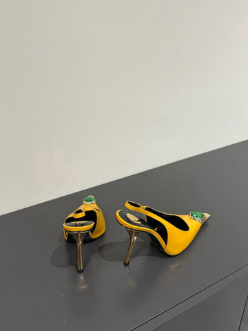 GREEN GEM-STUDDED SLINGBACK PUMPS IN YELLOW PATENT CALFSKIN