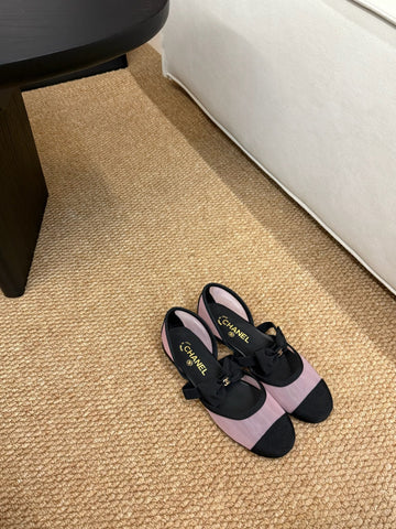 CHANEL 26S MARY JANE FLATS IN PINK AND BLACK MESH RIBBON STRAP CAP TOE