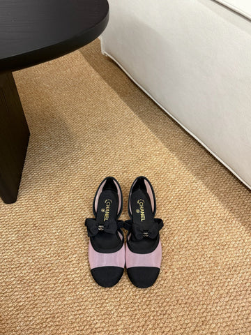 CHANEL 26S MARY JANE FLATS IN PINK AND BLACK MESH RIBBON STRAP CAP TOE