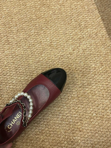 CHANEL 26S MARY JANE PEARL STRAP FLATS IN BURGUNDY RED CALFSKIN