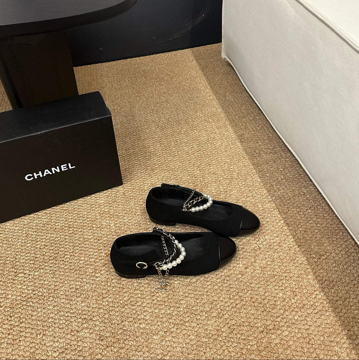 CHANEL 26S MARY JANE PEARL STRAP FLATS IN BLACK CALFSKIN