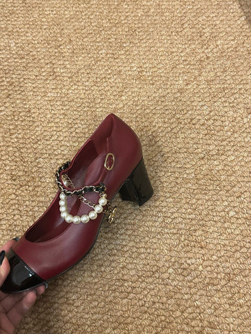 CHANEL 26S MARY JANE PEARL STRAP HIGH HEELS IN BURGUNDY RED CALFSKIN