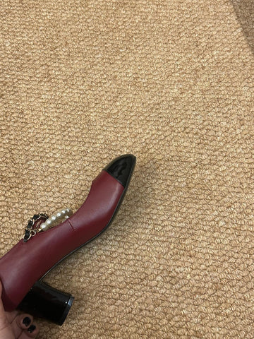 CHANEL 26S MARY JANE PEARL STRAP HIGH HEELS IN BURGUNDY RED CALFSKIN