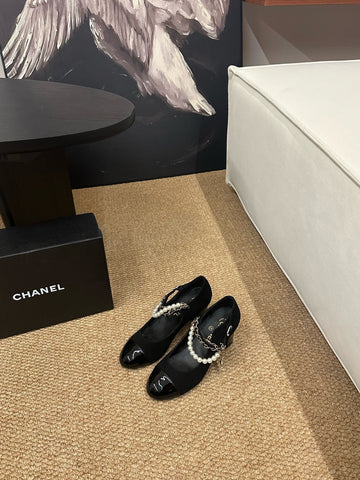 CHANEL 26S MARY JANE PEARL STRAP HIGH HEELS IN BLACK CALFSKIN