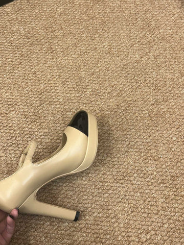 CHANEL 26S MARY JANE HEELS IN BEIGE CALFSKIN WITH BLACK CAP TOE