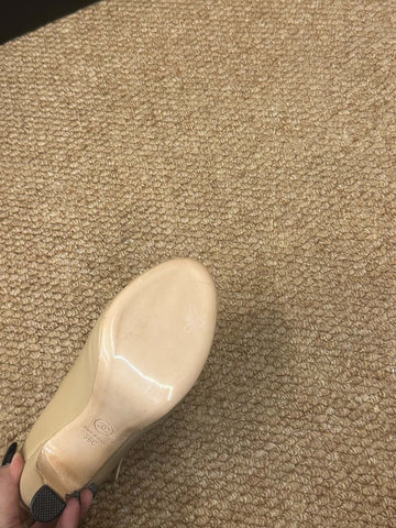 CHANEL 26S MARY JANE HEELS IN BEIGE CALFSKIN WITH BLACK CAP TOE