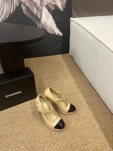 CHANEL 26S MARY JANE HEELS IN BEIGE CALFSKIN WITH BLACK CAP TOE