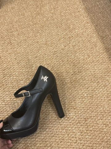 CHANEL 26S MARY JANE HEELS IN BLACK CALFSKIN CAP TOE